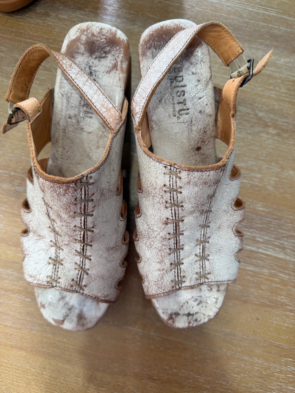 BED STU Fontella Tan Rustic Leather Wood Platform Sandals Size 11